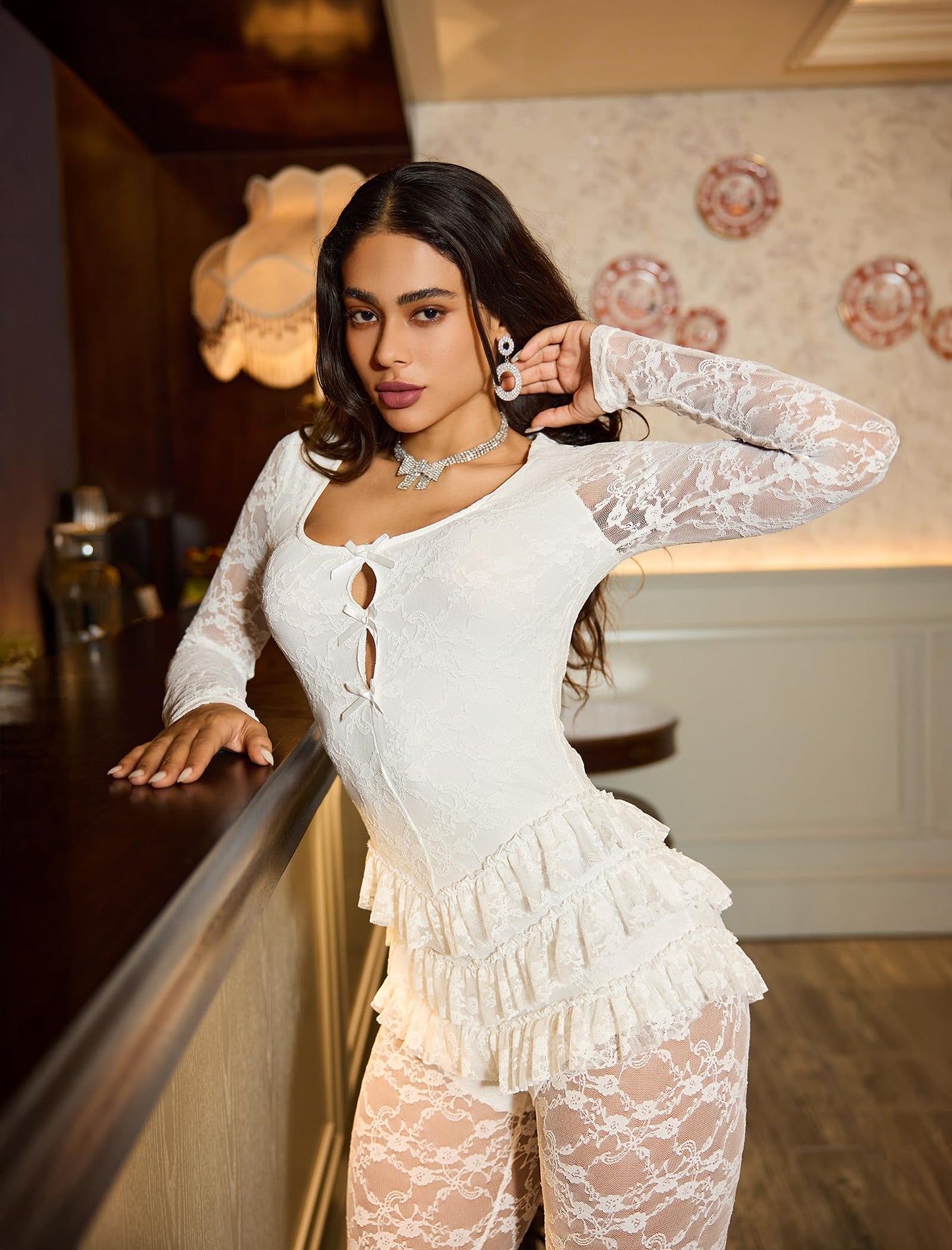 Women's Jumpsuits Dressy Lace Cutout Bow Front Ruffled Trim Floral Lace One Piece Party Club Jumpsuits Outfits