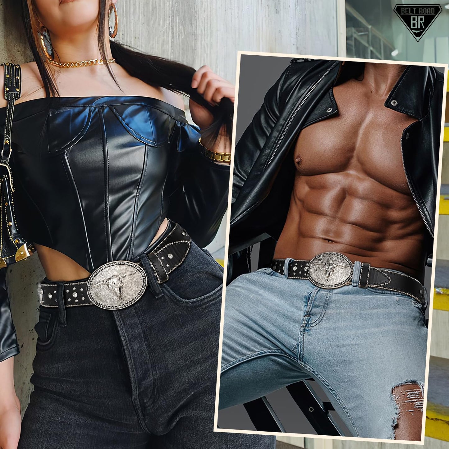 Cowboy Cowgirl Belts for Women Men Western Belts Punk Goth Belt PU Leather Belt With Western Buckle