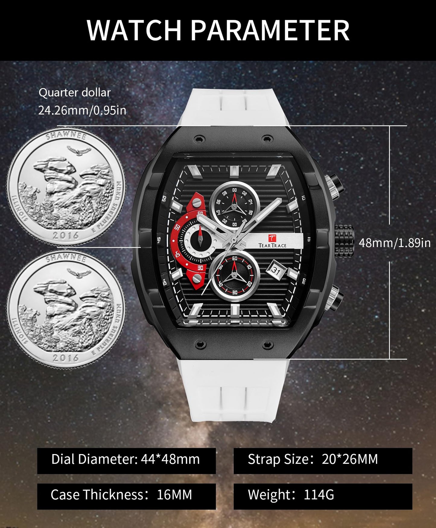 Watches for Men Analog Quartz Waterproof Sport Men’s Watch Tonneau Chronograph Luminous Fashionable Unique Casual Watch with Silicone Strap