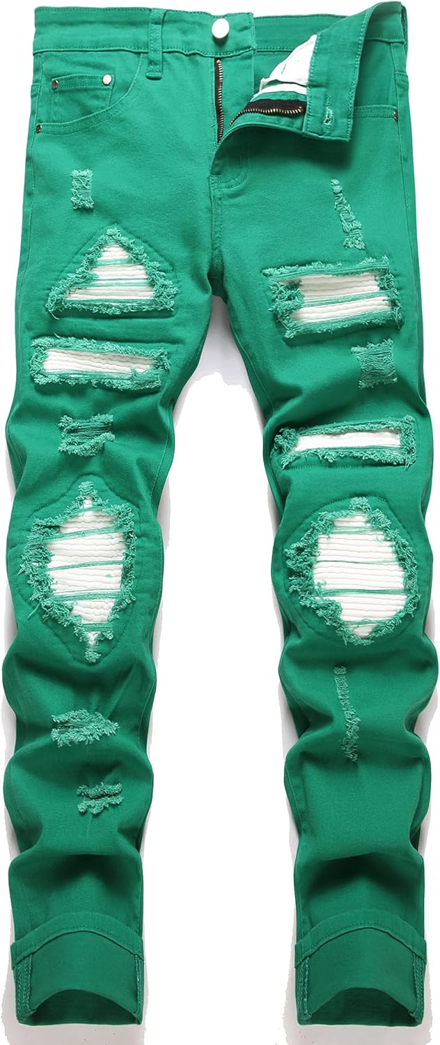 Men's Ripped Patch Elastic Jeans Fashion Slim Fit Regular Denim Pants