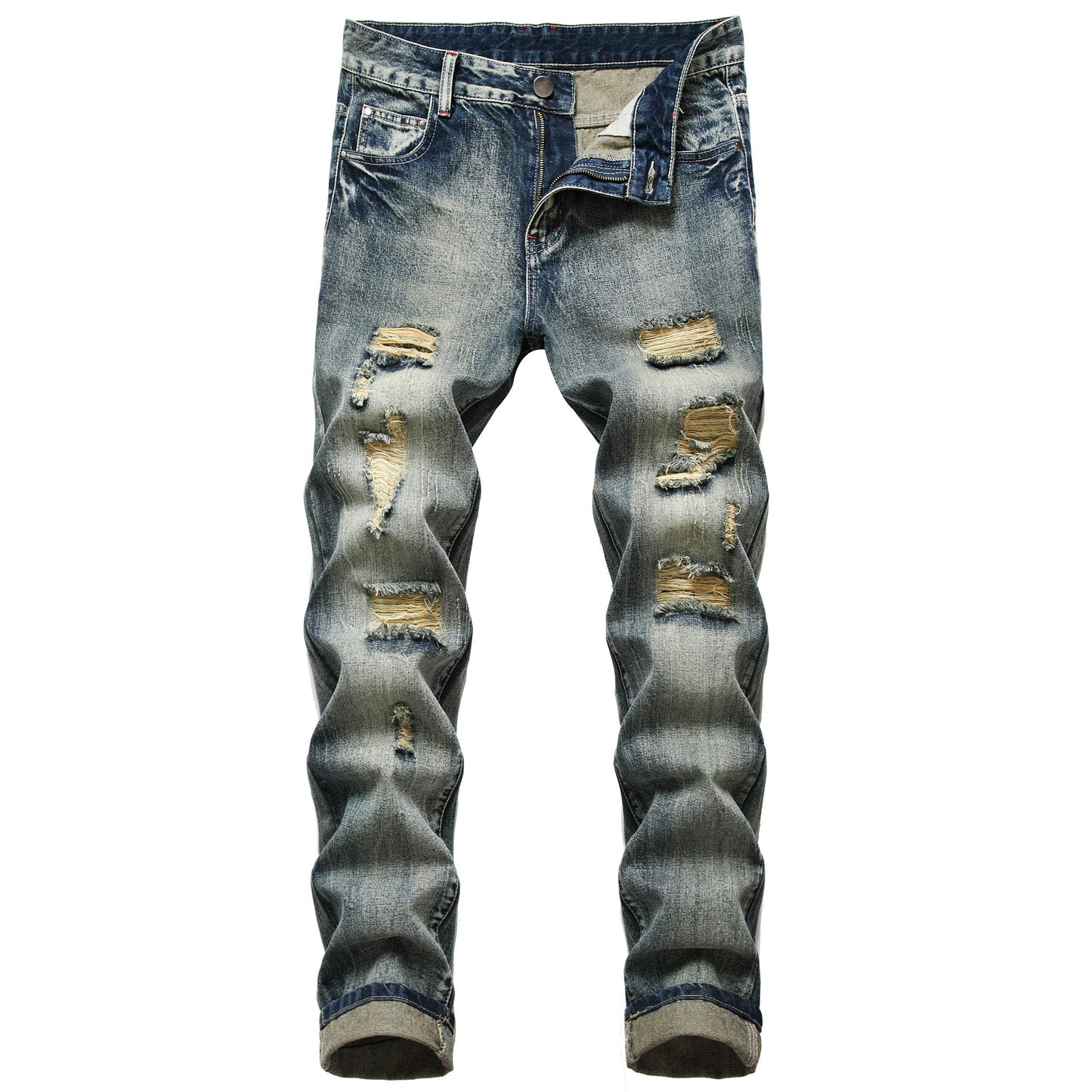Men's Slim-fit Stretch Denim Jeans Featuring a Ripped Stretch Regular Pants