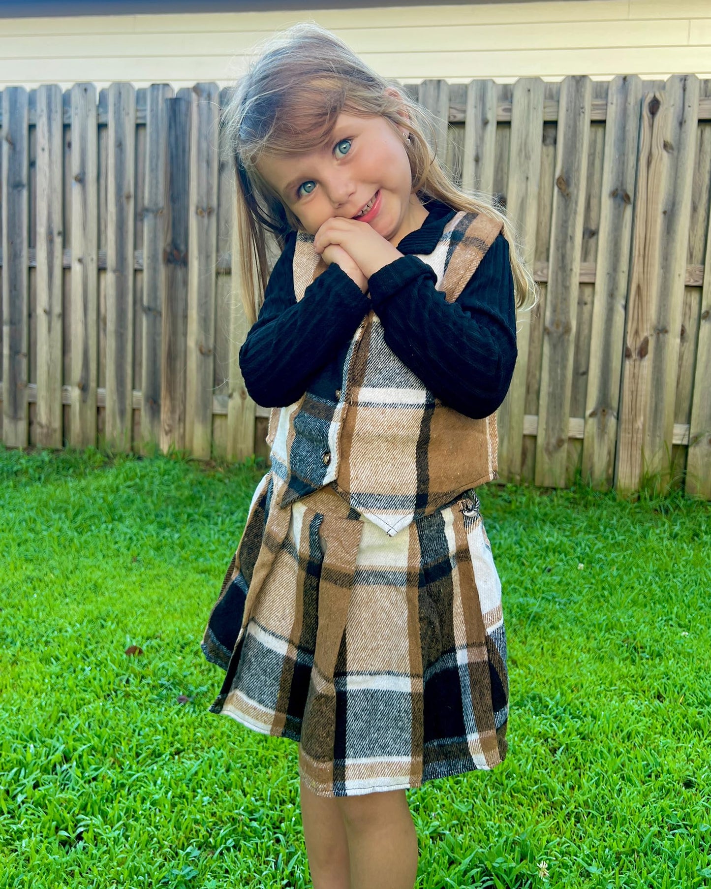 HINTINA Toddler Little Girl Sleeveless Button Vest Ribbed Long Sleeve Collar Top And Pleated Skirt With Belt