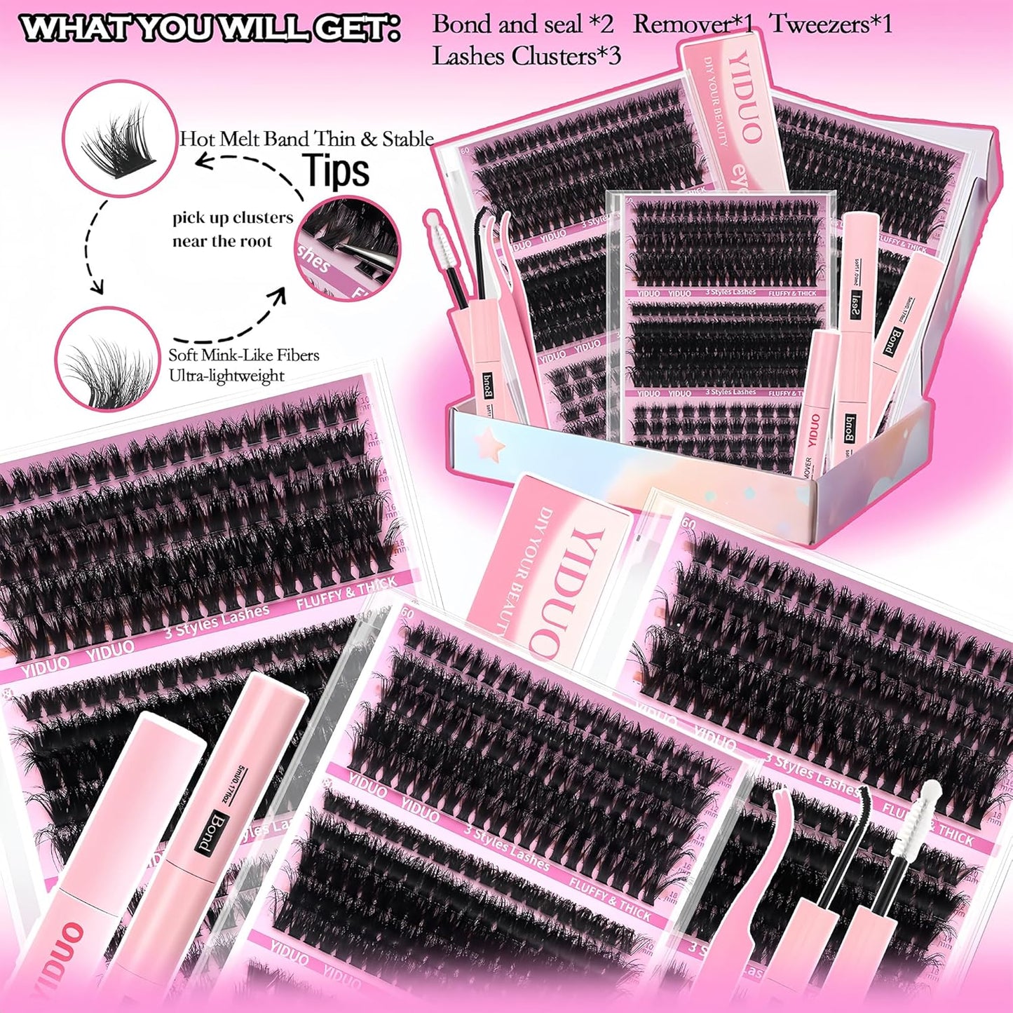 Lashes Clusters Lash Kit Gift Packs 770Pcs with 2X Bond&Seal 5 style Mixed C-Curl False Eyelashes Extensions Faux Mink Individual Lash Wholesale Pack DIY Individual Fake Eyelashes Box