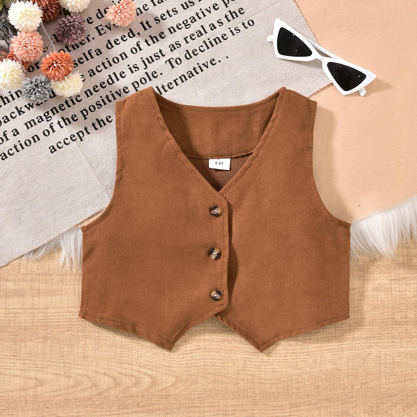 HINTINA Toddler Little Girl Sleeveless Button Vest Ribbed Long Sleeve Collar Top And Pleated Skirt With Belt