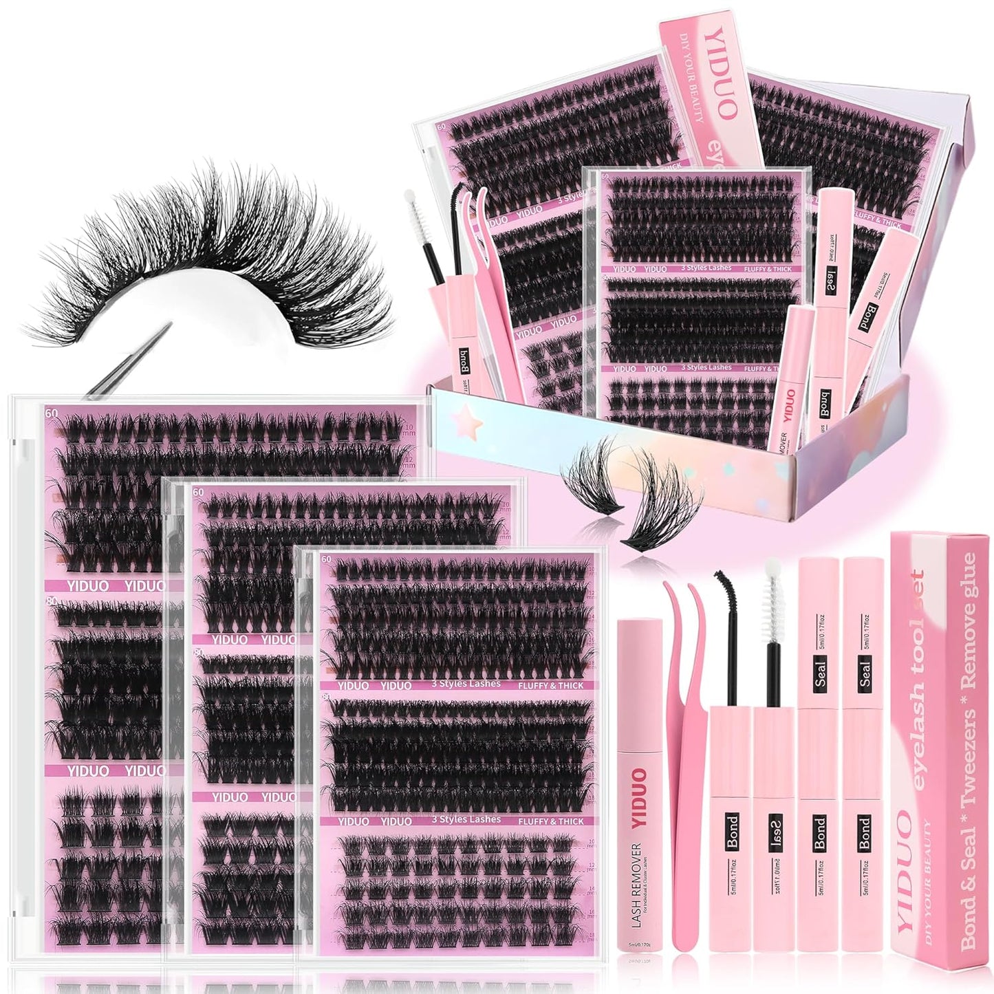 Lashes Clusters Lash Kit Gift Packs 770Pcs with 2X Bond&Seal 5 style Mixed C-Curl False Eyelashes Extensions Faux Mink Individual Lash Wholesale Pack DIY Individual Fake Eyelashes Box