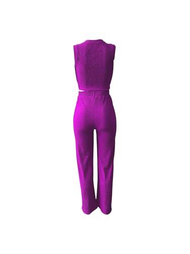 Womens Trendy Ribbed Knit 2 Piece Outfit Sleeveless Crop Top and High Waist Wide Leg Pants Matching Lounge Set
