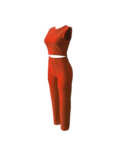 Womens Trendy Ribbed Knit 2 Piece Outfit Sleeveless Crop Top and High Waist Wide Leg Pants Matching Lounge Set