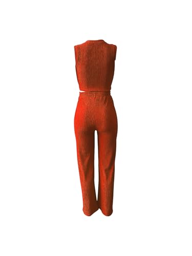 Womens Trendy Ribbed Knit 2 Piece Outfit Sleeveless Crop Top and High Waist Wide Leg Pants Matching Lounge Set