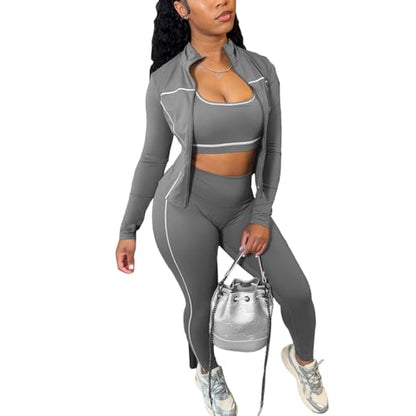 Womens Lounge 3 Piece Outfits Long Sleeve High Neck Zipper Slim Jacket Bodycon Pants Tracksuits Workout Set