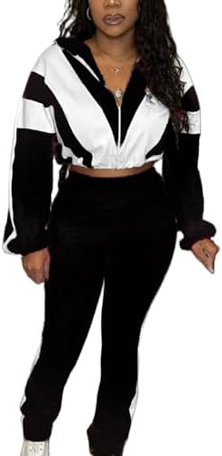 Women 2 Piece Outfit Long Sleeve Zip Up Crop Jacket High Waist Stretchy Pants