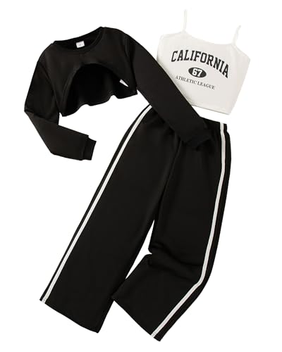 Girls 3 Piece Outfits Long Sleeve Crop Shirts & Cami Tops & Sweatpants Sets Fall Clothes Size 8-12Y