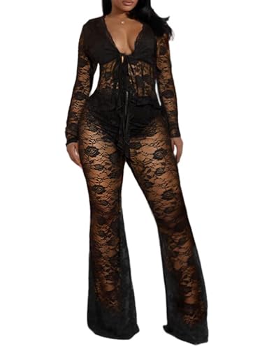 acelyn 2 Piece Lace Outfits For Women Floral Sheer Tie Frone Long Sleeve Crop Top and Flared Pants Y2K Club Outfit