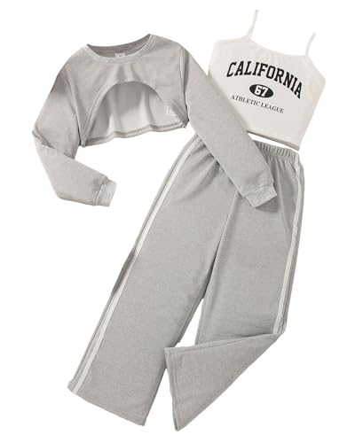 Girls 3 Piece Outfits Long Sleeve Crop Shirts & Cami Tops & Sweatpants Sets Fall Clothes Size 8-12Y
