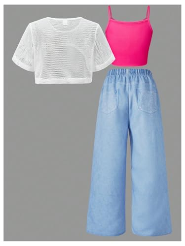 SOLY HUX Girl's Graphic 3 Piece Outfits Sheer Crop Tee and Cami Top with Jeans Pants Set