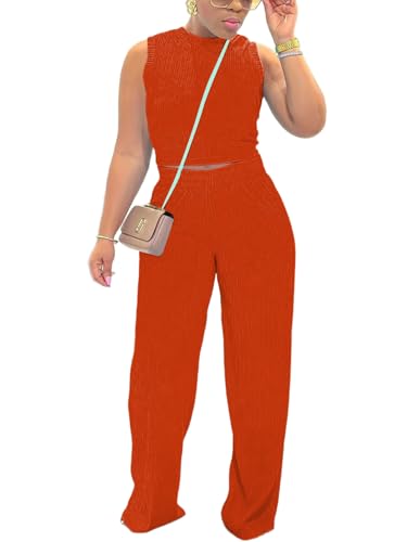 Womens Trendy Ribbed Knit 2 Piece Outfit Sleeveless Crop Top and High Waist Wide Leg Pants Matching Lounge Set