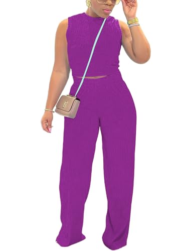 Womens Trendy Ribbed Knit 2 Piece Outfit Sleeveless Crop Top and High Waist Wide Leg Pants Matching Lounge Set