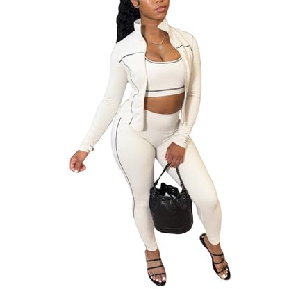 Womens Lounge 3 Piece Outfits Long Sleeve High Neck Zipper Slim Jacket Bodycon Pants Tracksuits Workout Set
