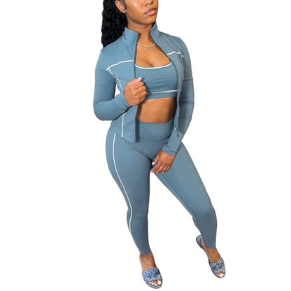 Womens Lounge 3 Piece Outfits Long Sleeve High Neck Zipper Slim Jacket Bodycon Pants Tracksuits Workout Set