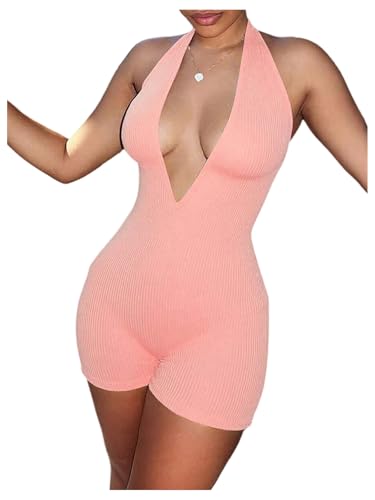 WDIRARA Women's V Neck Backless Sleeveless Skinny Knit Sexy Night Rompers