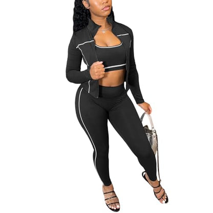Womens Lounge 3 Piece Outfits Long Sleeve High Neck Zipper Slim Jacket Bodycon Pants Tracksuits Workout Set