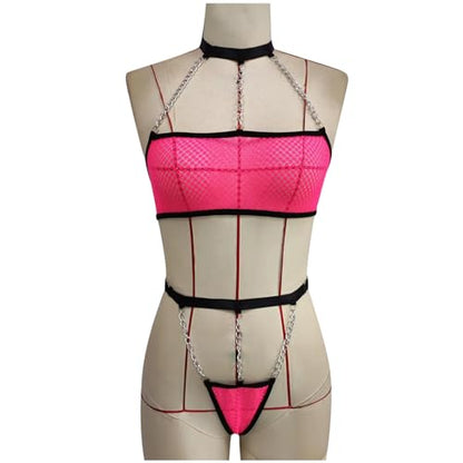 Women Lingerie Set 2 Piece Halter Bra and Metal Chain Thong See Through Lingerie Set Sexy Babydoll Teddy Nightwear