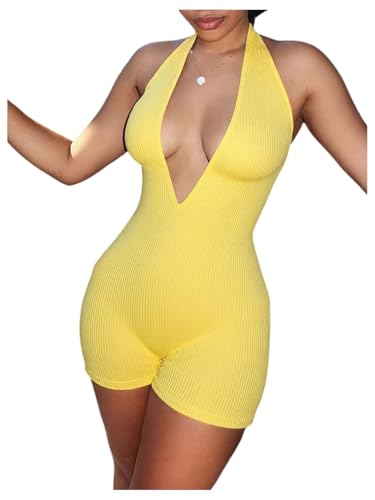 WDIRARA Women's V Neck Backless Sleeveless Skinny Knit Sexy Night Rompers