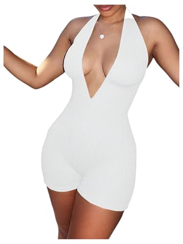 WDIRARA Women's V Neck Backless Sleeveless Skinny Knit Sexy Night Rompers