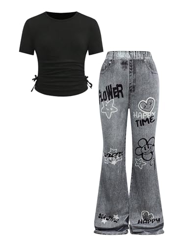 SOLY HUX Girl's 2 Piece Summer Outfits Cute Graphic Print Short Sleeve Tee Tops and Flare Leg Pants Set