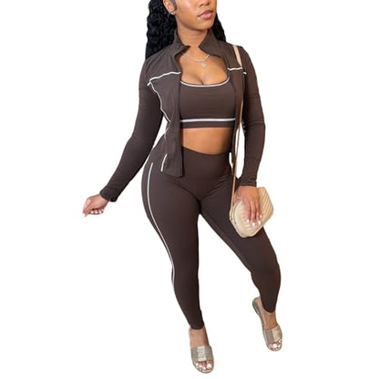 Womens Lounge 3 Piece Outfits Long Sleeve High Neck Zipper Slim Jacket Bodycon Pants Tracksuits Workout Set