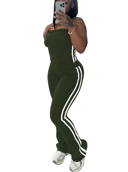 HBQ Women Two Piece Outfits Strapless Crop Top and Flare Pants Casual Stripe Lounge Sets Tracksuits