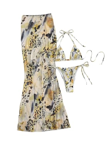 ZAFUL Womens 3pcs Swimsuit Floral Halter Triangle Bikini Top Tie Side Bottom with Long Sheer Cover Up Skirt