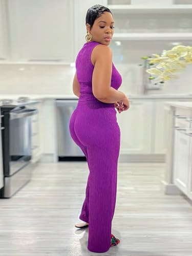 Womens Trendy Ribbed Knit 2 Piece Outfit Sleeveless Crop Top and High Waist Wide Leg Pants Matching Lounge Set