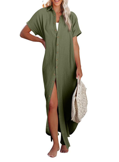 Dokotoo Womens Casual Short Sleeve Side Split Button Down Long Kimonos Cardigans Swimsuit Cover Ups Summer Beach Dress