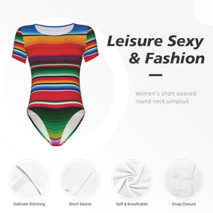 Serape Rainbow Stripes Mexican Pattern Women’s Short Sleeve Bodysuit Round Neck Onesie Stretchy One-Piece Jumpsuit