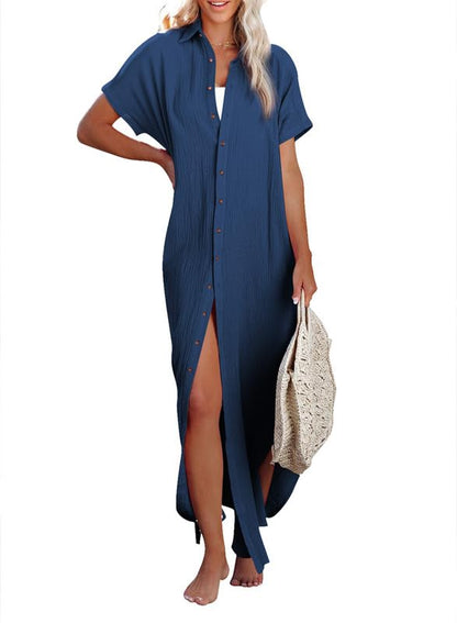 Dokotoo Womens Casual Short Sleeve Side Split Button Down Long Kimonos Cardigans Swimsuit Cover Ups Summer Beach Dress