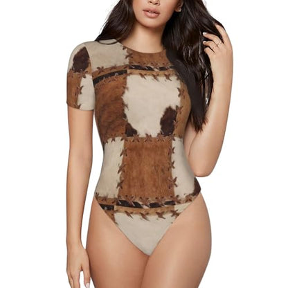 Serape Rainbow Stripes Mexican Pattern Women’s Short Sleeve Bodysuit Round Neck Onesie Stretchy One-Piece Jumpsuit