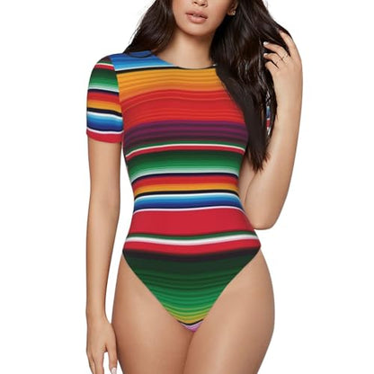 Serape Rainbow Stripes Mexican Pattern Women’s Short Sleeve Bodysuit Round Neck Onesie Stretchy One-Piece Jumpsuit