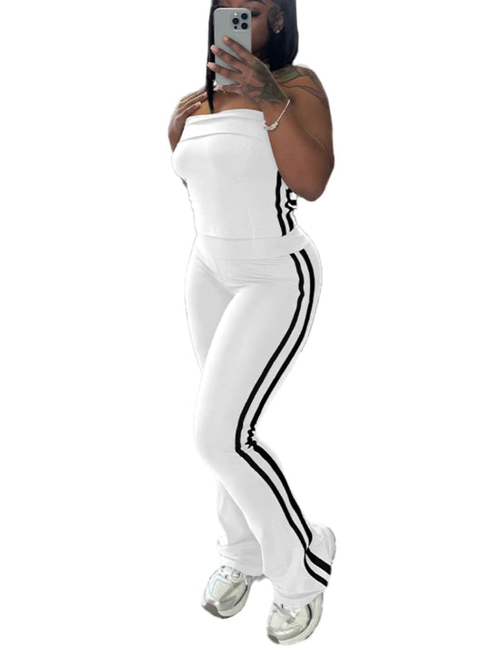 HBQ Women Two Piece Outfits Strapless Crop Top and Flare Pants Casual Stripe Lounge Sets Tracksuits