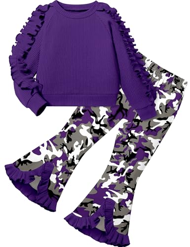 Toddler Girl Clothes Camo Girls Outfits Ruffle Sleeve Tops + Bell Bottom Flared Pants 2 Piece Winter Sweatsuit 2-10T