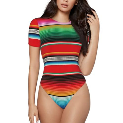 Serape Rainbow Stripes Mexican Pattern Women’s Short Sleeve Bodysuit Round Neck Onesie Stretchy One-Piece Jumpsuit
