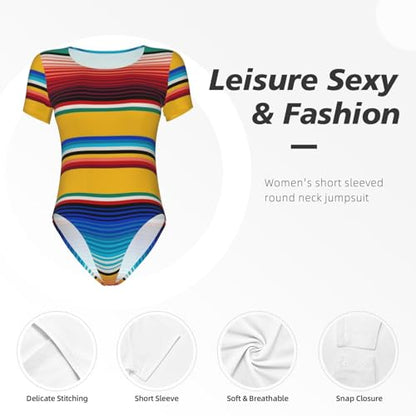 Serape Rainbow Stripes Mexican Pattern Women’s Short Sleeve Bodysuit Round Neck Onesie Stretchy One-Piece Jumpsuit