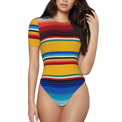 Serape Rainbow Stripes Mexican Pattern Women’s Short Sleeve Bodysuit Round Neck Onesie Stretchy One-Piece Jumpsuit