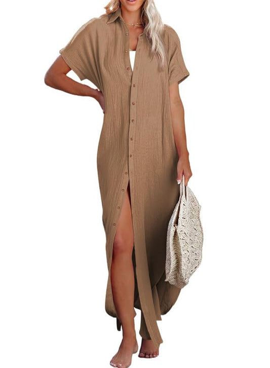 Dokotoo Womens Casual Short Sleeve Side Split Button Down Long Kimonos Cardigans Swimsuit Cover Ups Summer Beach Dress