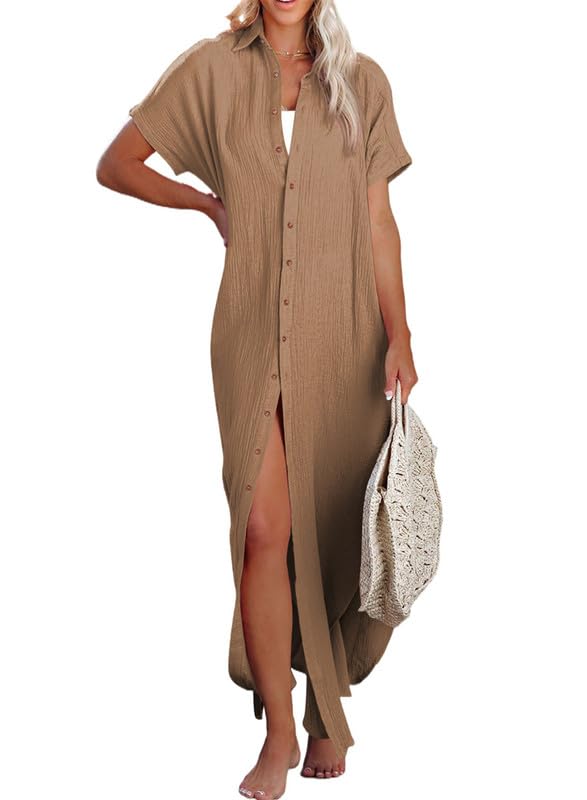 Dokotoo Womens Casual Short Sleeve Side Split Button Down Long Kimonos Cardigans Swimsuit Cover Ups Summer Beach Dress