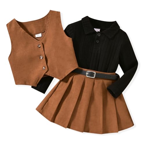 HINTINA Toddler Little Girl Sleeveless Button Vest Ribbed Long Sleeve Collar Top And Pleated Skirt With Belt