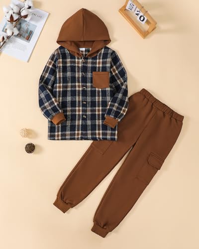 Boys Clothes Fall Winter Outfits, Toddler Boy Sweatsuit Plaid Hoodie Pants Clothing Set For Kids Boys Size 5-12 Years
