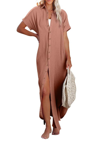 Dokotoo Womens Casual Short Sleeve Side Split Button Down Long Kimonos Cardigans Swimsuit Cover Ups Summer Beach Dress