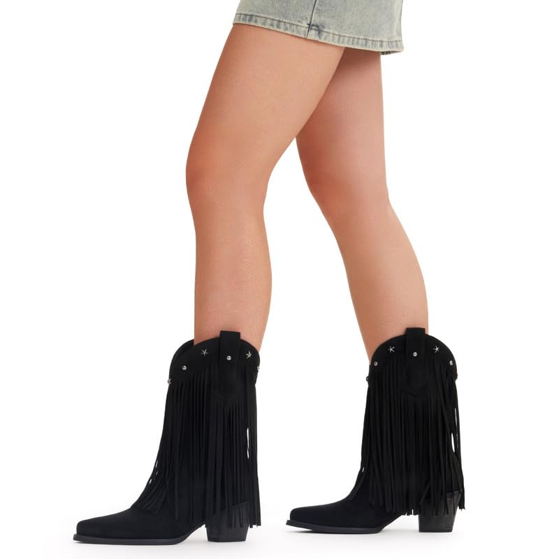 Fringe Cowboy Boots for Women – Mid Calf Cowgirl Boots with Star Studded, Pointed Toe and Chunky Heel, Perfect for Country Music Festivals