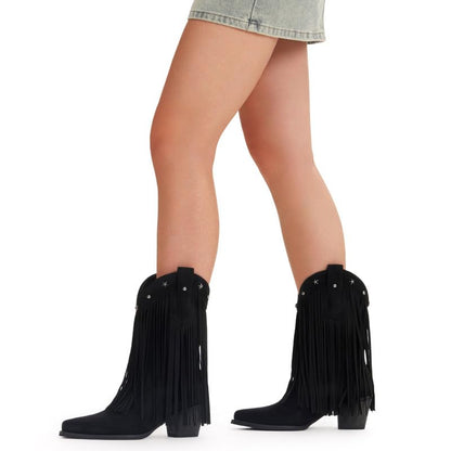Fringe Cowboy Boots for Women – Mid Calf Cowgirl Boots with Star Studded, Pointed Toe and Chunky Heel, Perfect for Country Music Festivals
