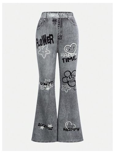 SOLY HUX Girl's 2 Piece Summer Outfits Cute Graphic Print Short Sleeve Tee Tops and Flare Leg Pants Set